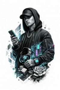 Person in a black hoodie holding a smartphone, surrounded by cyan crystal shards; black and grey with neon accents; AI-generated concept tattoo idea, cover-up friendly.