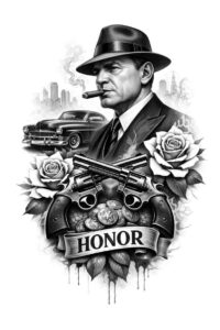 Honor tattoo design in black and grey realism showing a suited man in a fedora, a vintage car, and roses with a banner; a realistic project idea for a masculine portrait tattoo.