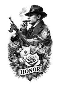 Black and grey realism tattoo design of a noir gangster man in a fedora with a gun, cards and dice, banner reading HONOR; cover-up ready concept.