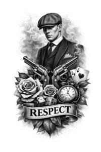 A black and grey tattoo design featuring a gangster figure with a fedora, dual pistols, roses, and a RESPECT banner; grayscale shading; concept in progress.