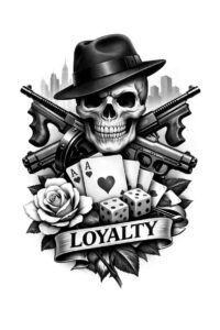 Black and grey tattoo design depicting a skull wearing a fedora, with a crossed gun behind, roses, and a LOYALTY banner; AI-generated concept; project idea; perfect for cover-up.