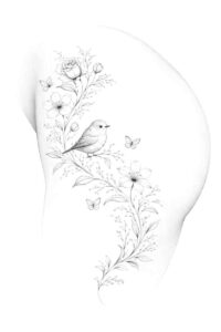 Black and grey fine line tattoo design featuring flowers, a bird, and a butterfly; concept sketch on skin.