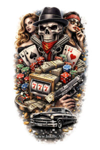 Skeleton wearing a fedora and suit holding a card, a die, and a vintage car below; colorful color tattoo design concept, AI-generated.