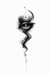 Black and grey surreal eye with crescent moon and flowing smoke, concept tattoo idea.