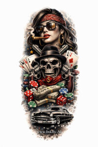 Colorful color realism tattoo concept in color showing a skull with a top hat, vintage car, roses, and playing cards in a bold composition; project idea.