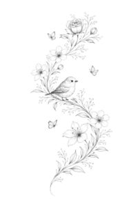 Black and grey line tattoo design of a delicate floral vine with blossoms and a butterfly; AI-generated concept for a fine line tattoo project.