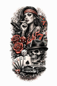 Cover-up Ready Black & Grey Skull Card Rose Tattoo Design Cover-up-ready black and grey tattoo concept featuring a skull with a top hat, a rose, a card and a die; AI-generated idea in grayscale with red rose highlights.