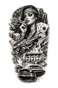 Black & Grey tattoo design: femme, skulls, dice, car Dark black and grey tattoo design of a femme portrait with skulls, die, and a vintage car; AI-generated project idea, perfect for a cover-up.