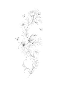 Delicate floral vine in black and grey, fine line tattoo on skin; a project idea.