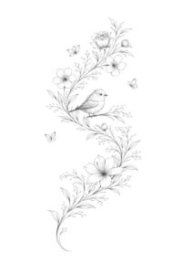 Delicate black and grey fine line tattoo design of a vine with flowers and seeds; this is a project concept.