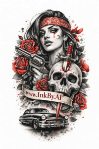 Portrait of a woman with a skull, roses, a banner, and a vintage car in black and grey with red accents; AI-generated tattoo design concept.