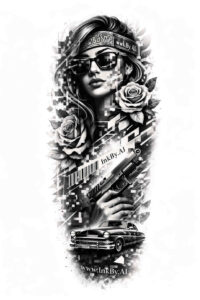 Black and grey tattoo design: shaded woman portrait with sunglasses, roses, and script; AI-generated project idea; cover-up friendly.