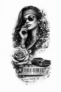 Portrait of a woman wearing sunglasses in grayscale with a rose and a vintage typewriter; black and grey tattoo design concept.