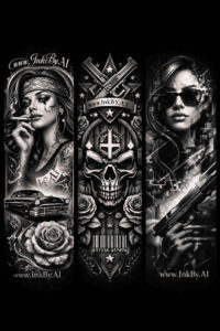 Black and grey tattoo concept showing a central crowned skull with a left female portrait and right male portrait; AI-generated project, cover-up ready.