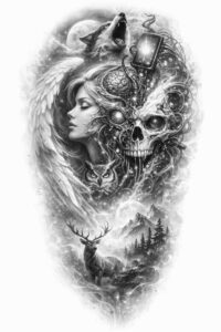 Black and grey tattoo design concept featuring a female portrait, a skull, and a bird; project idea, cover-up ready.