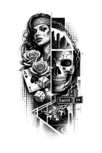 A black and grey tattoo design featuring a skull, roses, and geometric shards in a high-contrast composition; AI-generated concept for cover-up project.
