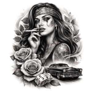 Portrait of a woman smoking with a vintage car and roses in black and grey; AI-generated concept tattoo design, project idea, cover-up friendly.