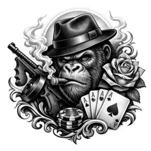 Black and grey tattoo concept of a monkey gangster with a fedora, pistol, playing cards and roses; AI-generated tattoo idea concept.