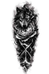 Wolf head with a rose in black and grey; tattoo design concept (AI-generated), project idea; perfect for cover-up.
