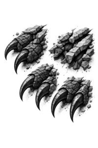 Three black dragon claw motifs in grayscale with bold shading; black and grey tattoo design concept, AI-generated project idea, cover-up ready.