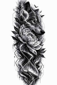 Wolf head entwined with a flower and leaf accents in black and grey; AI-generated project for cover-up.