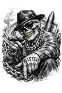 Classic black and gray AI-generated tattoo concept: a skull wearing a fedora, holding a pistol, wrapped in a chain, with a striped shirt. project/idea, cover-up ready.
