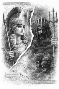 Black and grey, grayscale tattoo concept showing a Native American chief with a feathered headdress on the left and a dark demon on the right; this is a project/idea.