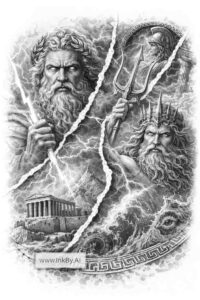 Black and grey tattoo idea showing two ancient Greek mythological figures in front of a ruined temple, a project concept.