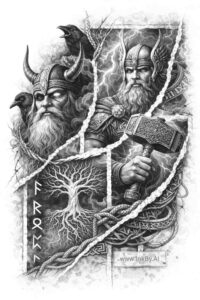 Four-panel, black-and-grey heavy blackwork tattoo: left horned demon, central tree, chain, and armored warrior; AI-generated cover-up idea.