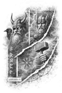 Odin portrait with helmet and raven in black and grey, AI-generated tattoo design concept (idea) perfect for cover-up.