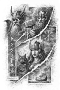 Warrior Queen Crown tattoo design in black and grey Warrior woman with crown and helmet, skull, and inscriptions in black and grey; AI-generated tattoo concept.