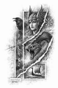 Valkyrie figure with raven and runic script in black and grey, AI-generated concept for a cover-up tattoo.