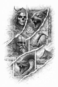 Skull, dragon, and panel elements arranged in a black and grey multi-panel shield; AI-generated concept, a project idea, and perfect for a cover-up.