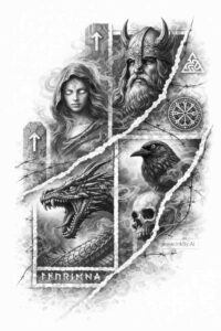 Intricate fantasy warrior tattoo design in illustrated style Black and grey illustration of a female warrior with swords—tattoo design idea (AI-generated project).