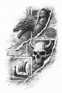 Skull and ship wheel in grayscale with a feather accent; black and grey tattoo design idea, perfect for cover-up.