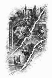 Demon Warrior with Sword – heavy blackwork tattoo design Demon warrior in grayscale, a black and gray tattoo design idea, AI-generated concept, suitable for cover-up.