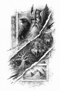 Odin figure with raven on window frame, wolves, and a geometric cube in black and grey realism; project idea, perfect for cover-up.