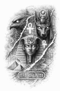 Pharaoh head with nemes headdress, ankhs and Eye of Horus in black and grey; AI-generated tattoo idea, grayscale project concept.