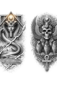 Black and grey tattoo design of a winged skull with ankh pendant and Eye within a geometric frame; AI-generated concept, project idea, cover-up suitable.