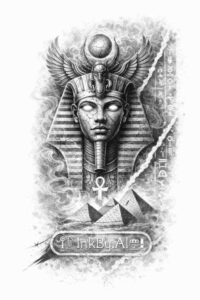 Pharaoh bust in black and grey linework with ornate headdress, cobra, and ankh-inspired base; project idea for a tattoo design.