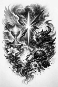 Dragon and phoenix in black and grey, AI-generated project idea; cover-up suitable for darker skin and large areas.