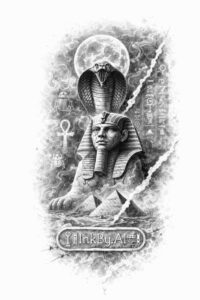 Pharaoh figure with ankh and circular moon behind, in black and grey, project idea for a tattoo concept.