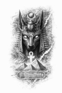 Demon Winged Mask Tattoo Design in Blackwork Style Demon Winged Mask with helmet, wings, orb, and ankh in black and grey; project idea; perfect for cover-up.