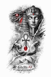 Egyptian queen portrait featuring a woman's face wearing a traditional headdress and ankh necklace with a red heart, rendered in black and grey; AI-generated tattoo concept.