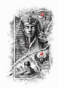 Pharaoh wearing a nemes headdress in black and grey, with pyramid backdrop and kneeling figure; AI-generated tattoo concept.