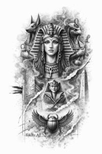 Pharaoh figure wearing a nemes headdress with cobra motifs in black and grey; AI-generated project/idea, perfect for cover-up.