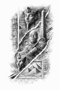 Stone relief tattoo design in black and grey featuring stacked faces and a cruciform motif; AI-generated concept for an ink project.