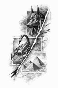 Dragon head with geometric triangles and chain accents in black and grey, concept sketch tattoo idea.