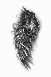 Dark wolf with Roman numerals tattoo design for cover-up Dark black and grey tattoo concept of a wolf head with flowing cloth and roman numerals; AI-generated project idea, cover-up ready.