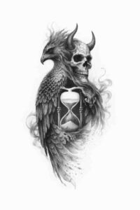 Black and grey tattoo concept featuring a raven perched above a skull with an hourglass, a project idea with cover-up potential.